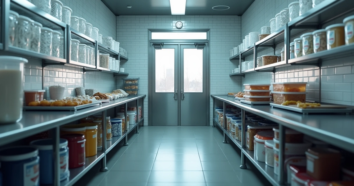 Cozinha industrial limpa com barreiras físicas nas janelas e superfícies higienizadas 