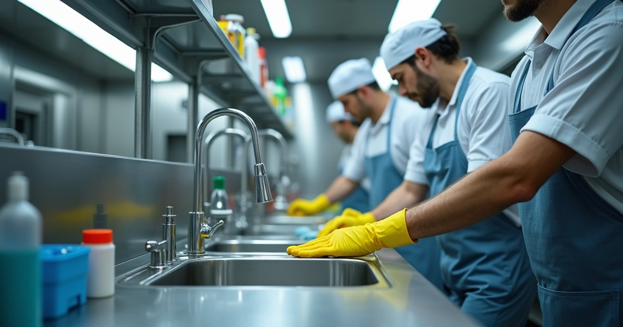 Cozinha industrial sendo limpa por funcionário com uniforme e luvas, mostrando pia, superfícies, utensílios e produtos de limpeza. 