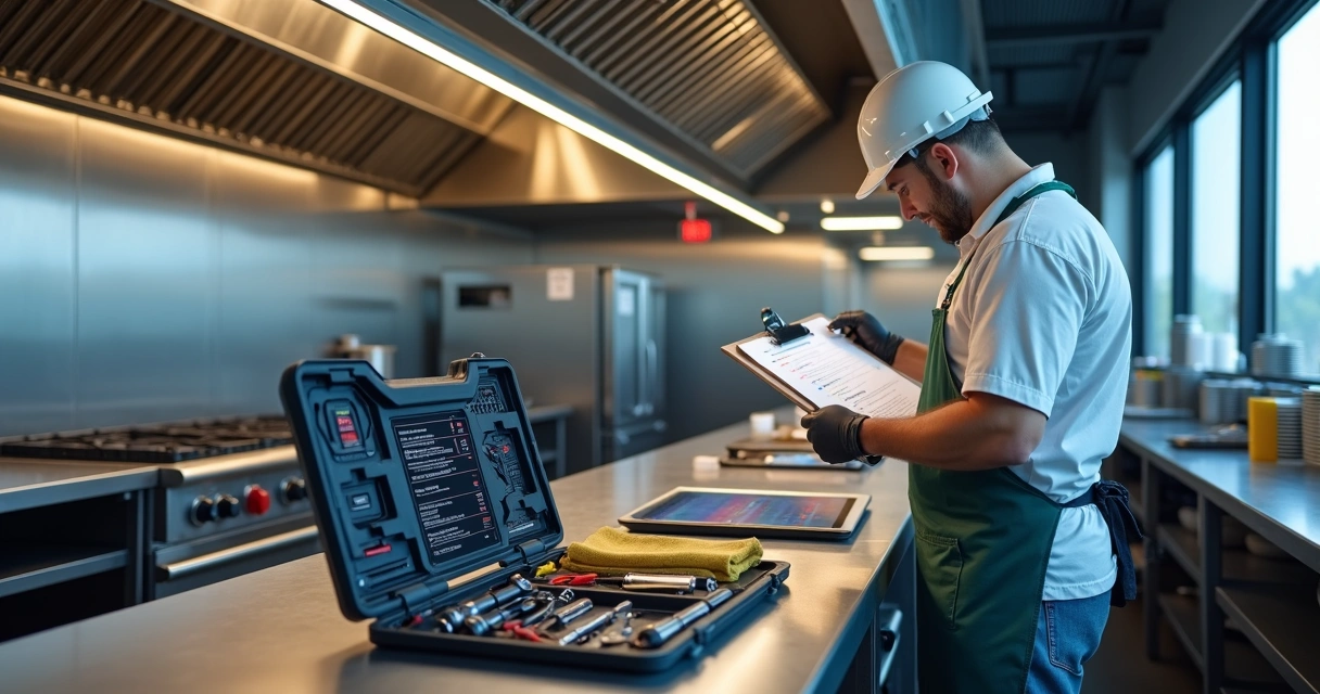 Técnico em cozinha industrial conferindo checklist de manutenção em prancheta 