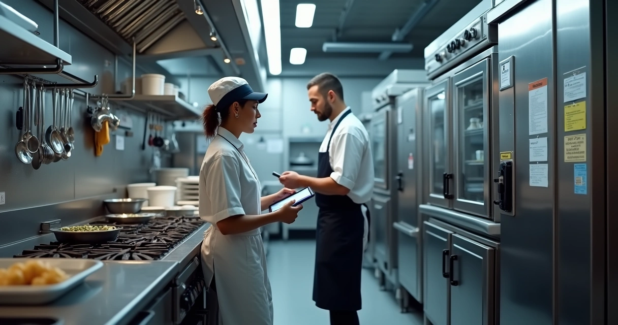 Cozinha profissional restaurante com funcionário usando tablet para checklist dos equipamentos 