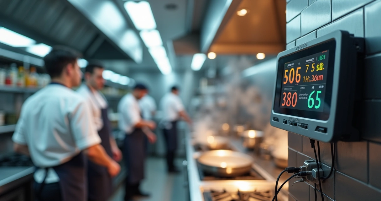 Cozinha industrial com visor digital mostrando dados ambientais em destaque 
