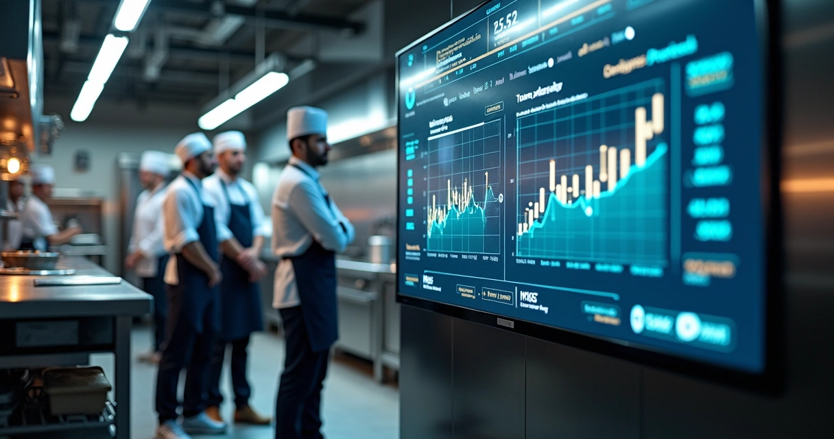 Equipe em cozinha industrial monitorando painéis digitais