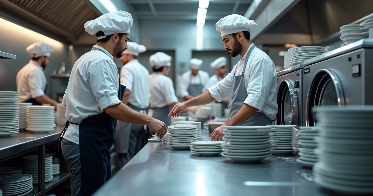 Cozinha industrial com funcionários trabalhando sem interrupções, lava-louças em uso 