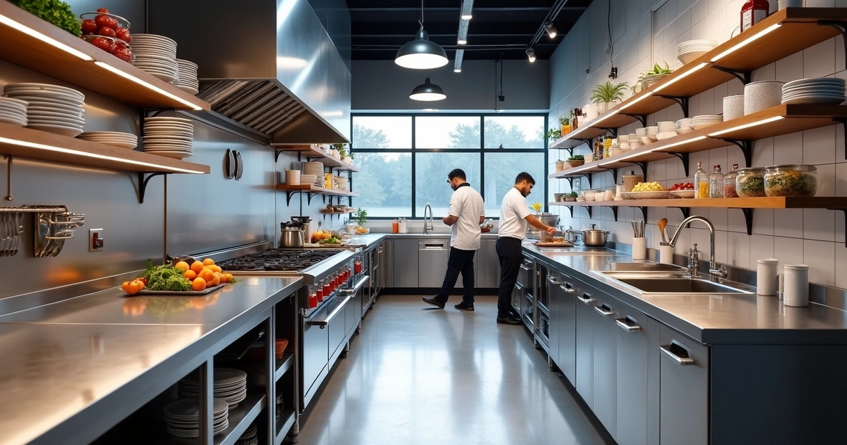 Cozinha de restaurante equipada com móveis em aço inox 