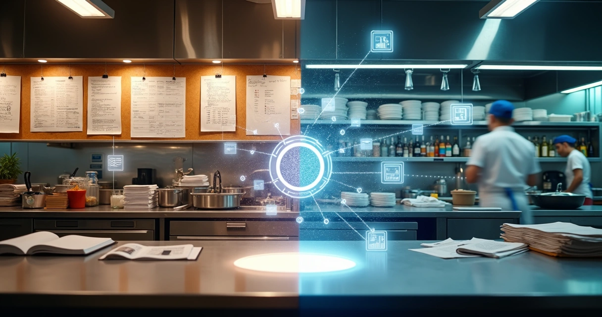Cozinha profissional dividida entre processos manuais e automação digital conectada 