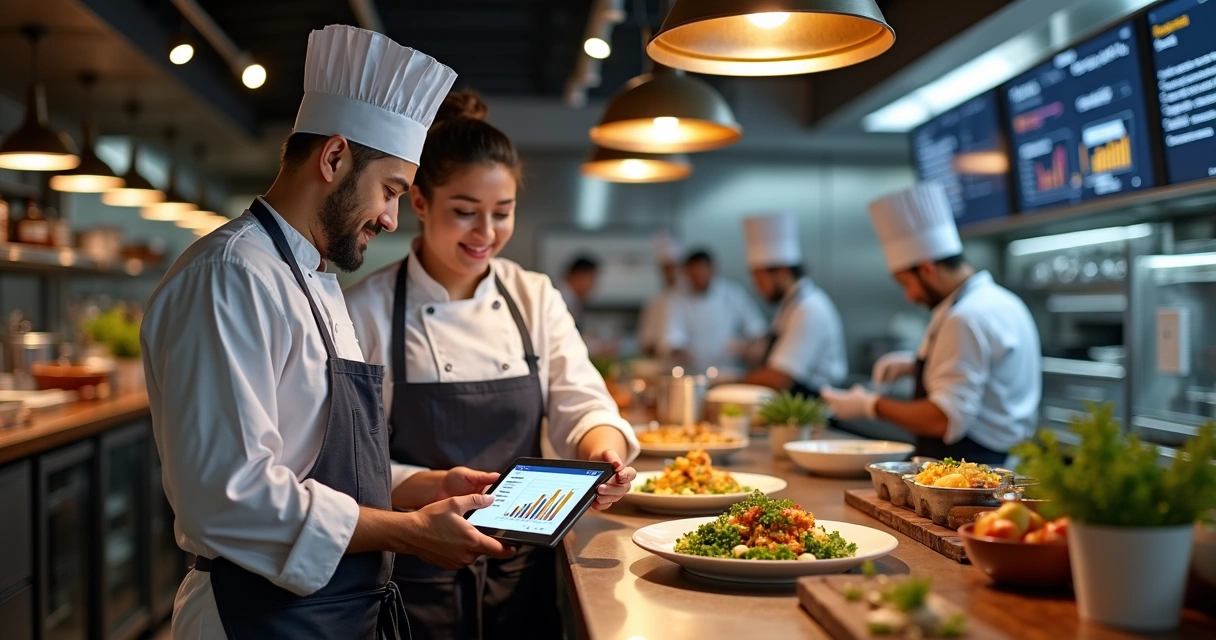 Chef e assistente consultando tablet na cozinha do restaurante 