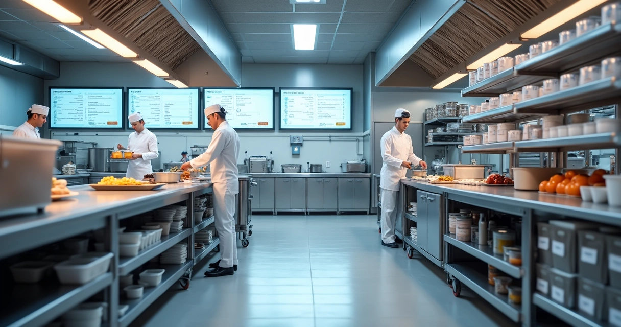 Funcionários organizando cozinha de restaurante com telas e sistemas digitais integrados. 