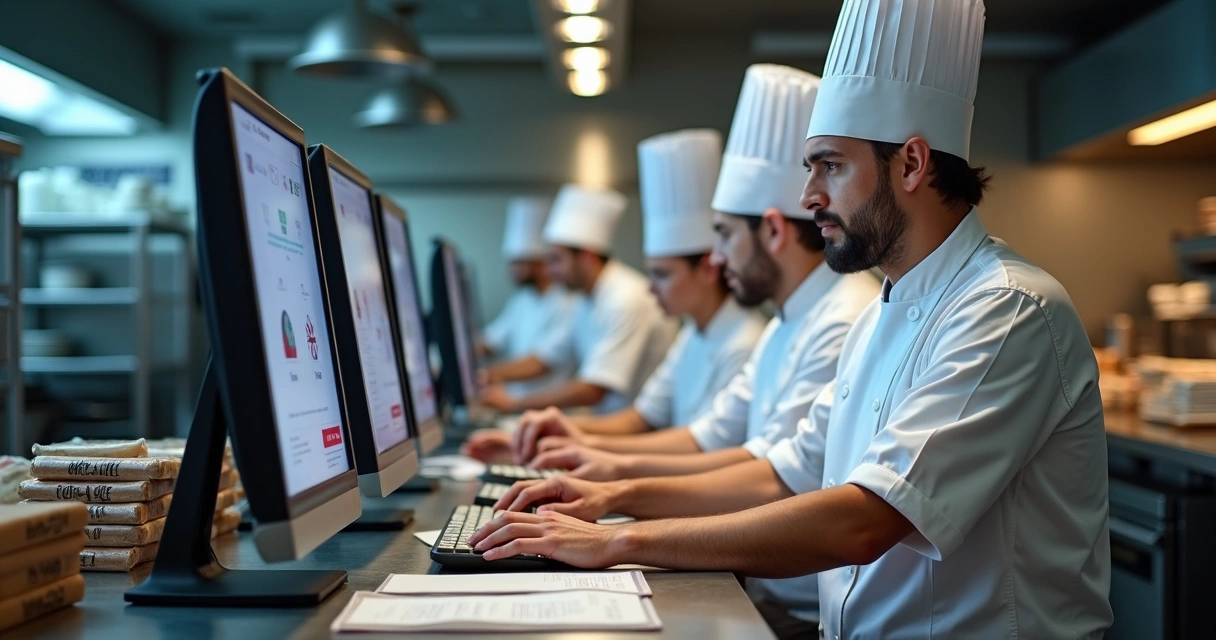 Equipe operando vários pedidos em cozinha licenciada 