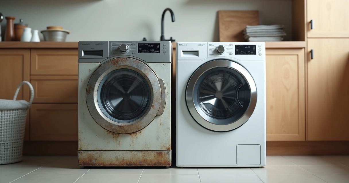 Cozinha mostrando lado a lado máquina de lavar antiga e uma máquina nova moderna 