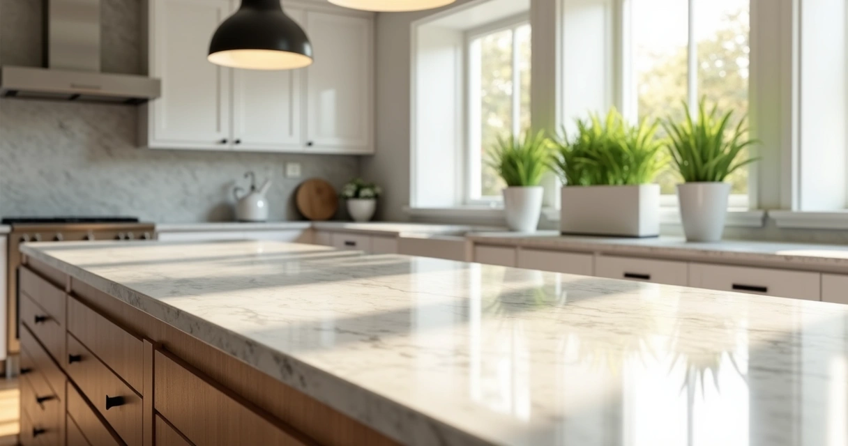 Cozinha com bancada de mármore branco e detalhes de madeira 