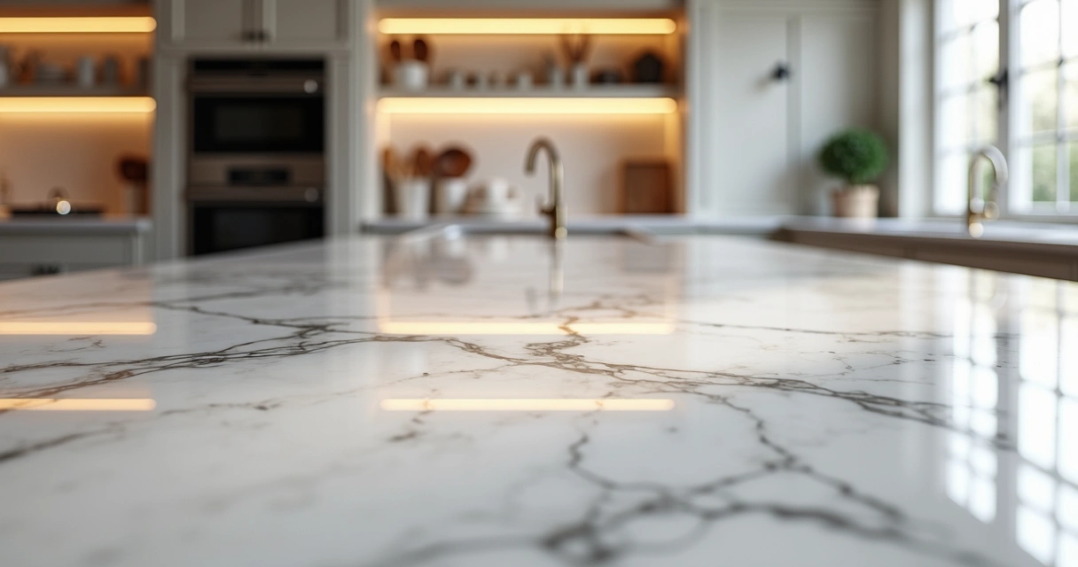 Cozinha elegante com bancada de mármore branco, luz suave e utensílios modernos. 