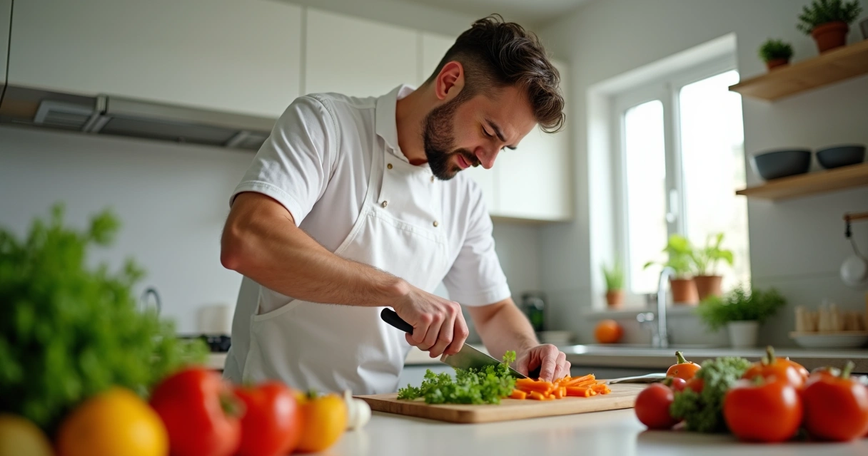 Cozinhar com atenção plena em cozinha iluminada 
