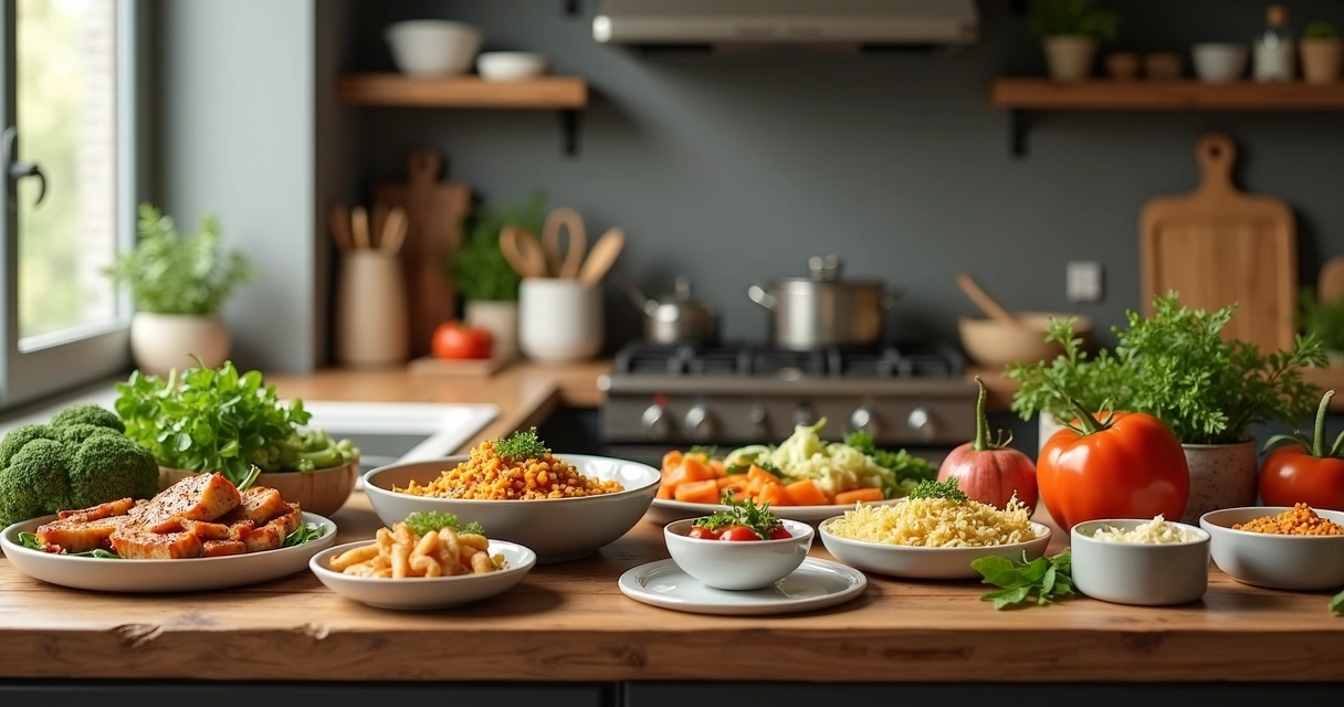 Cozinha moderna com pratos de comida caseira sobre a bancada de madeira e utensílios ao redor 