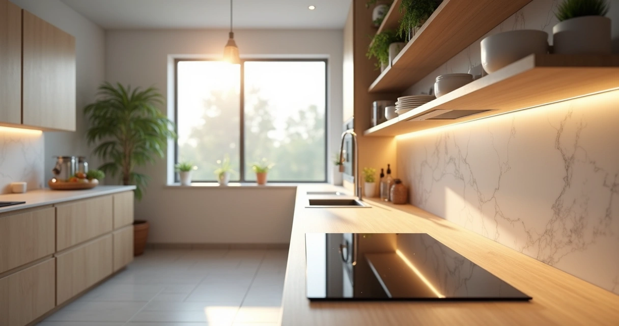 Cozinha planejada com cooktop embutido em bancada de madeira clara 