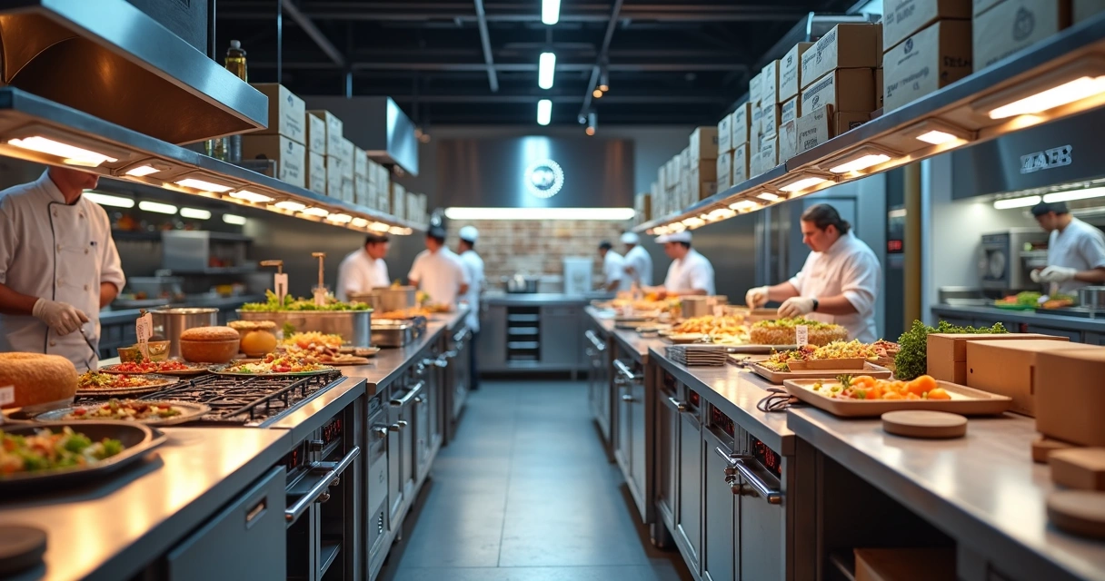 Cozinha moderna com múltiplas estações de preparo de alimentos para delivery com várias marcas operando simultaneamente, equipamentos profissionais, e equipes em ação 