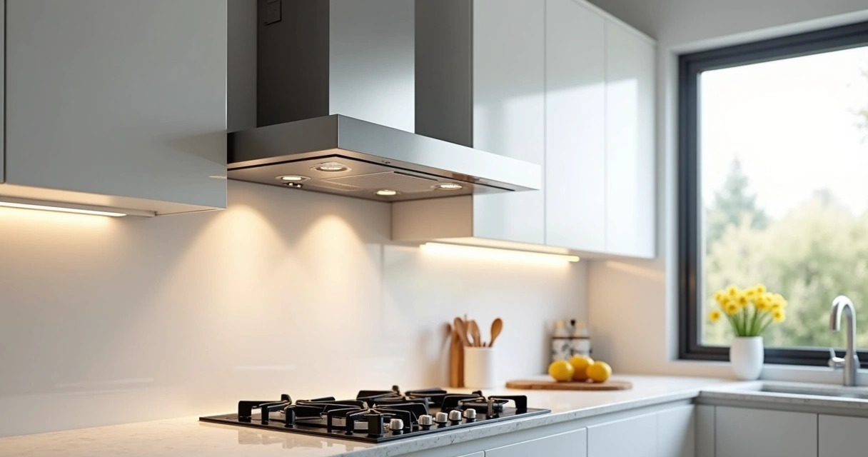 Exaustor moderno instalado acima do fogão em uma cozinha planejada 
