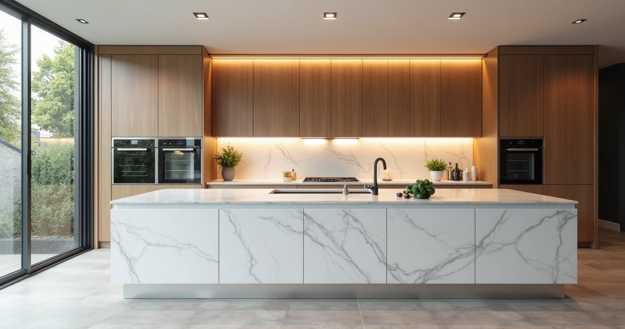 Cozinha moderna com bancada de granito branco e armários de madeira 