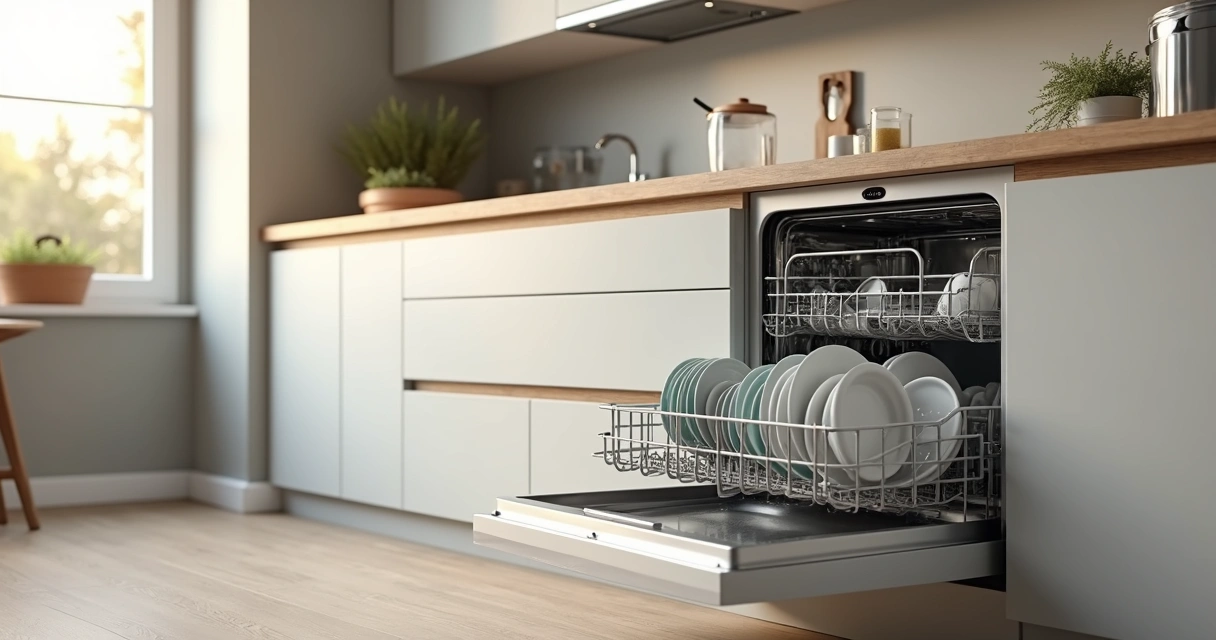 Cozinha moderna com lava-louça aberta e louça organizada em cestos internos 