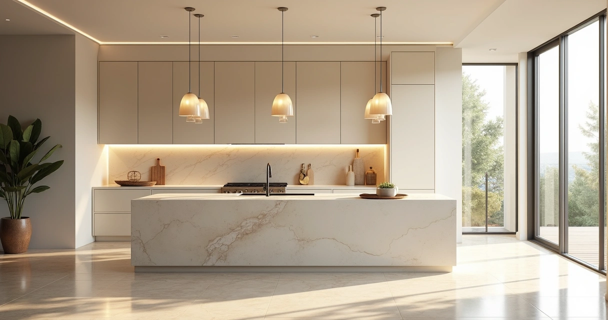 Cozinha moderna com ilha de mármore, pendentes e armários claros 