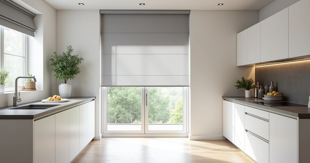 Cozinha moderna com persiana rolo de tecido cinza clara