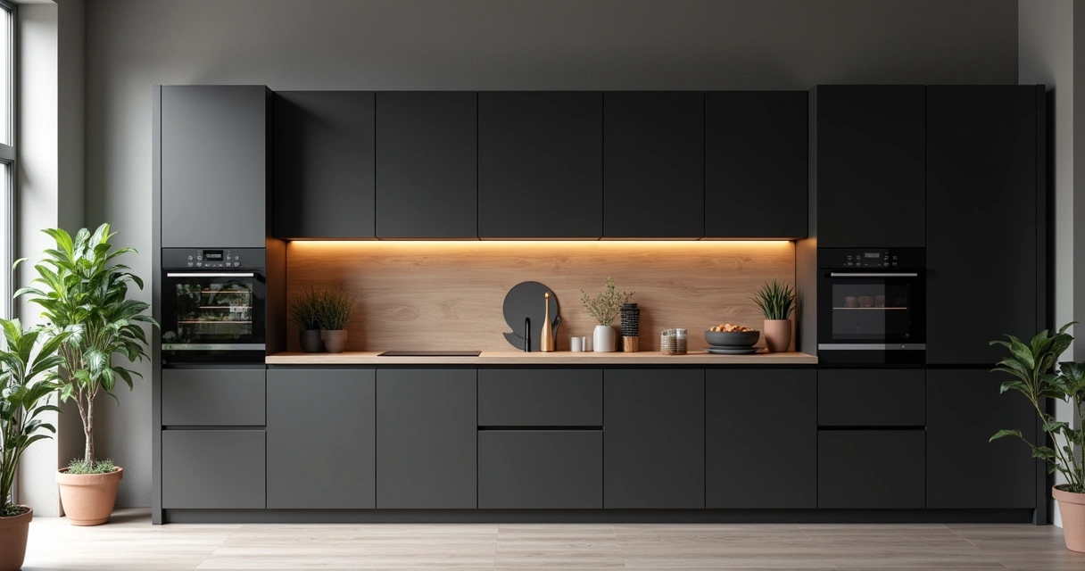 Cozinha moderna preta com detalhes em madeira e iluminação LED 