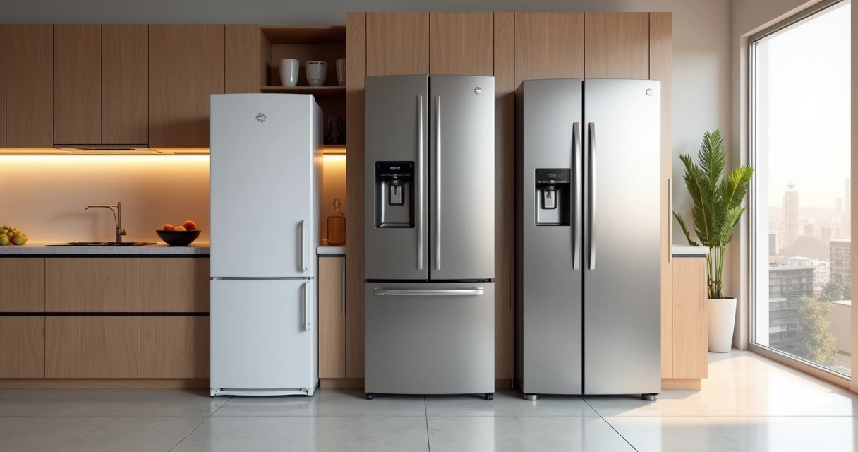 Cozinha moderna com diferentes modelos de geladeira lado a lado 