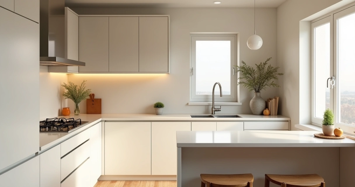 Cozinha pequena com decoração monocromática e luz natural 