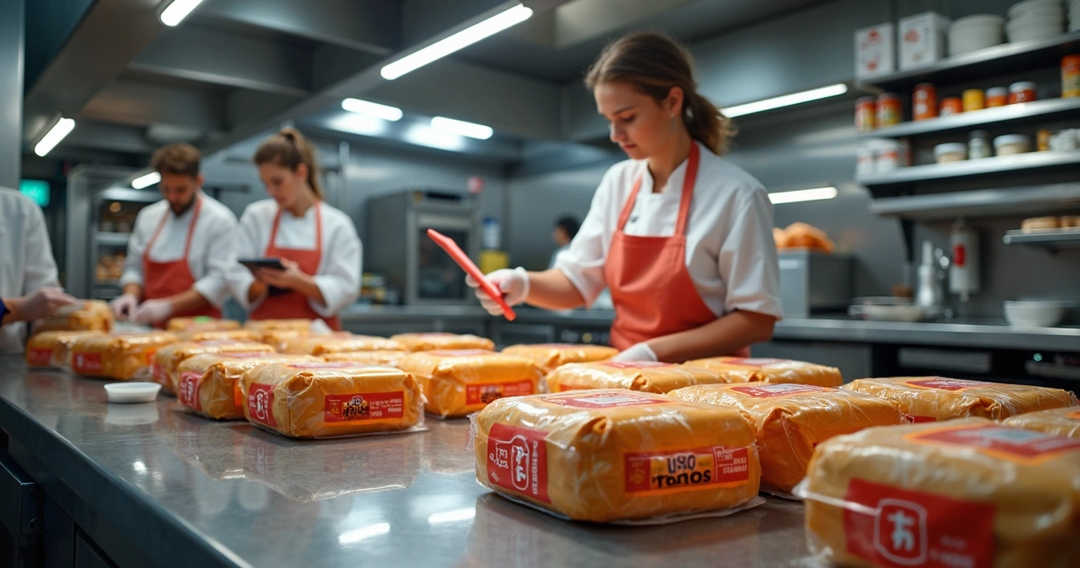 Equipe organizando pedidos de delivery em cozinha multimarca
