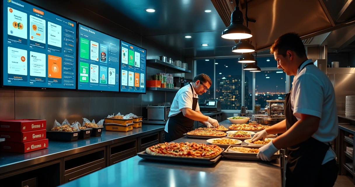 Cozinha profissional operando várias marcas com telas exibindo apps de delivery 