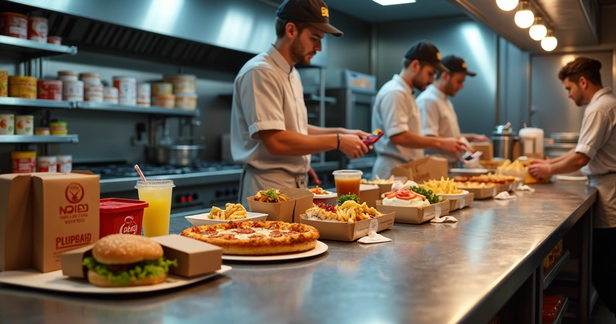 Cozinha profissional preparando vários combos diferentes para delivery na mesma bancada 
