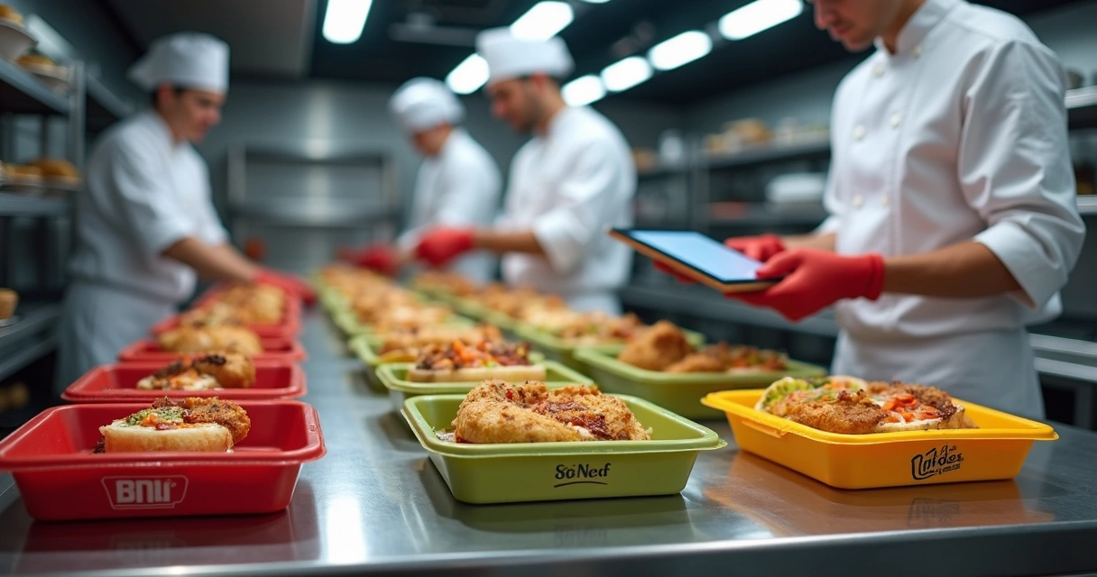 Cozinha profissional organizada com múltiplas marcas de delivery operando simultaneamente em embalagens padronizadas coloridas 