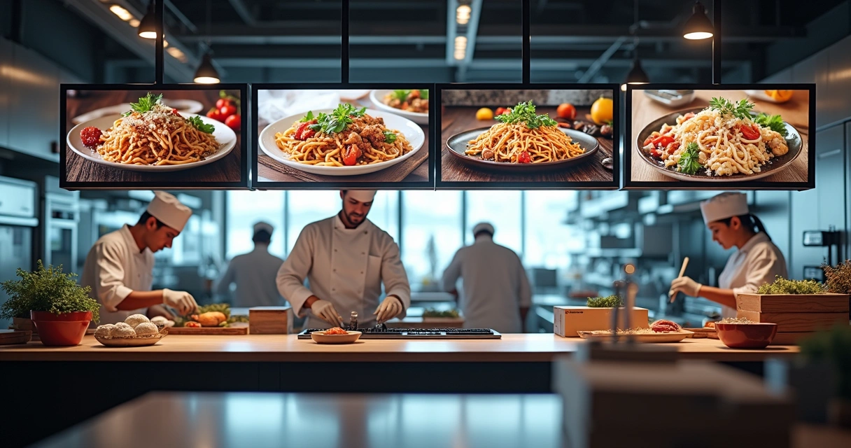 Cozinha moderna com múltiplos menus de delivery exibidos na parede 