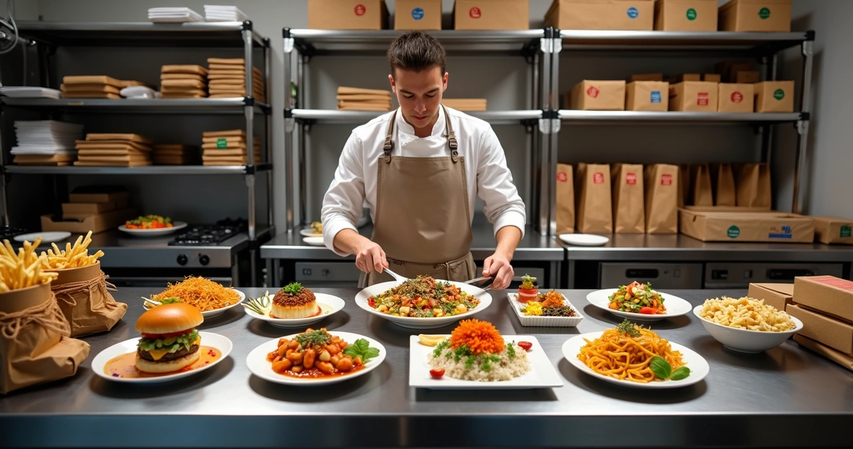 Cozinheiro preparando diferentes pratos em estações organizadas de uma mesma cozinha 