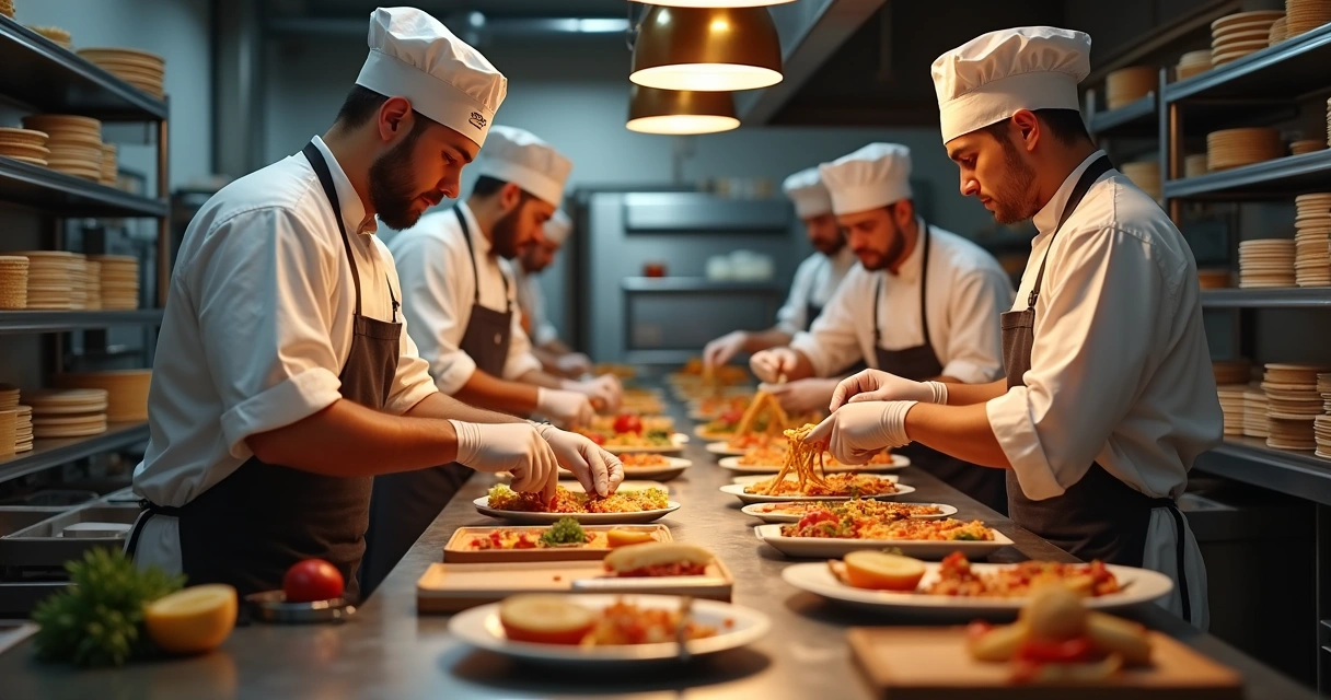 Equipe em cozinha profissional operando pedidos de várias marcas simultaneamente
