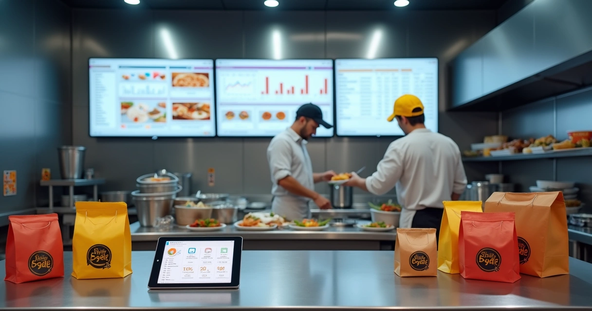 Cozinha profissional operando múltiplas marcas de delivery com telas de gestão e embalagens variadas 