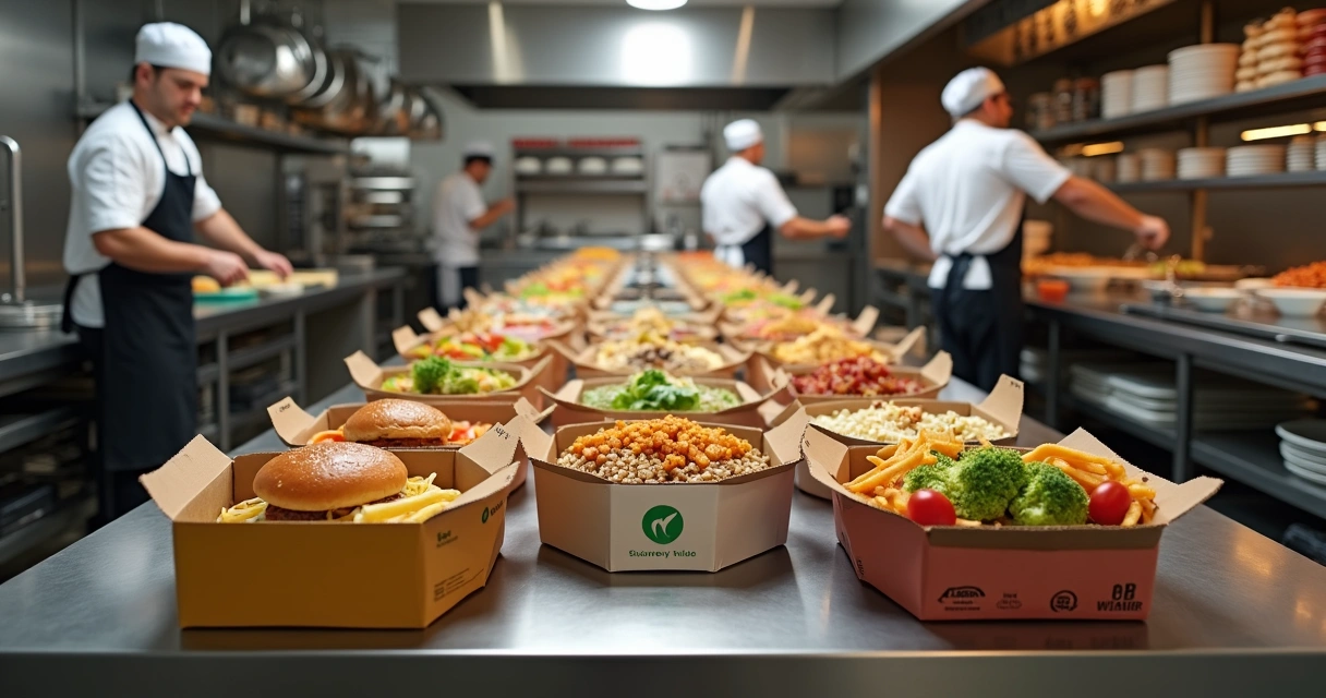 Semicírculo de pratos de diferentes cozinhas saindo de uma mesma bancada de cozinha profissional 