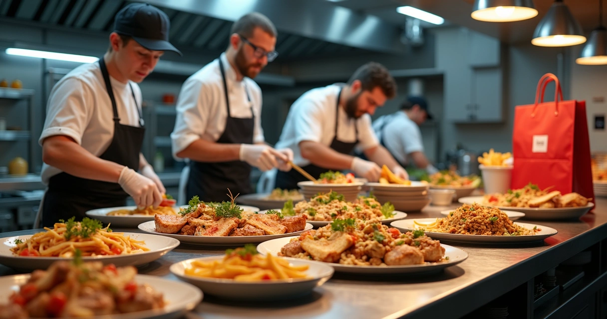 Equipe trabalhando em uma cozinha operando várias marcas com embalagens diferentes 