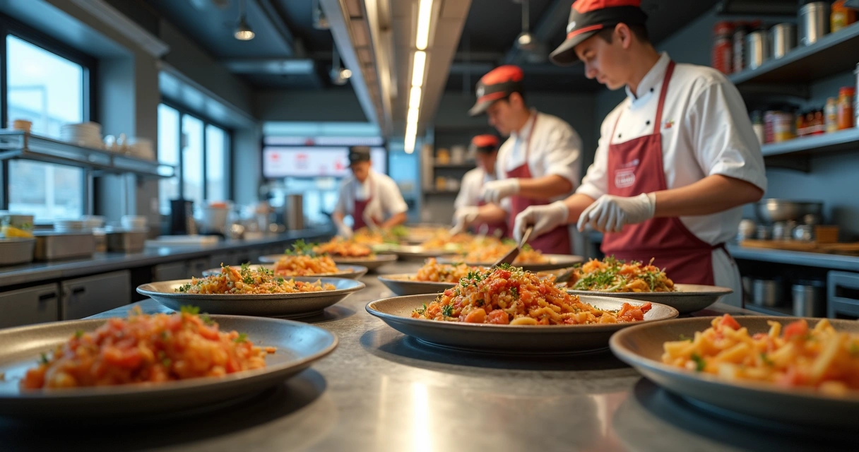 Cozinha profissional equipada com múltiplas estações de preparo para diferentes marcas de delivery 
