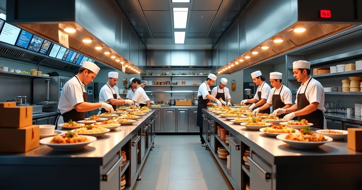 Cozinha moderna organizada com várias áreas de preparo de diferentes marcas para delivery multimarcas 