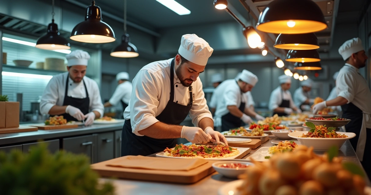Cozinheiro prepara pratos variados em cozinha compartilhada de delivery 