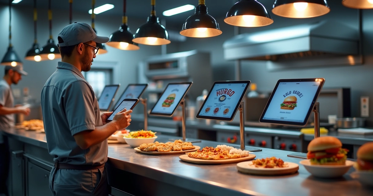 Cozinheiro em cozinha profissional gerenciando várias marcas de delivery em tablets e embalagens distintas 