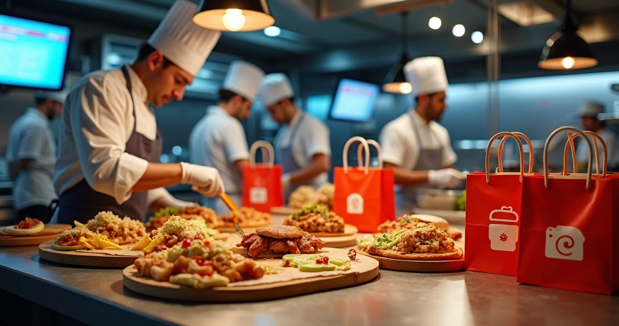 Equipe em cozinha profissional operando várias marcas simultaneamente 
