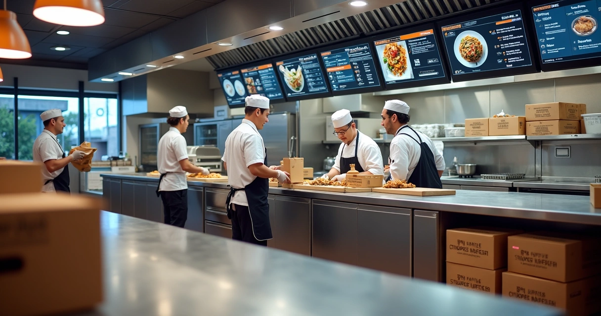 Cozinha moderna com operação multimarcas, pedidos saindo para delivery 