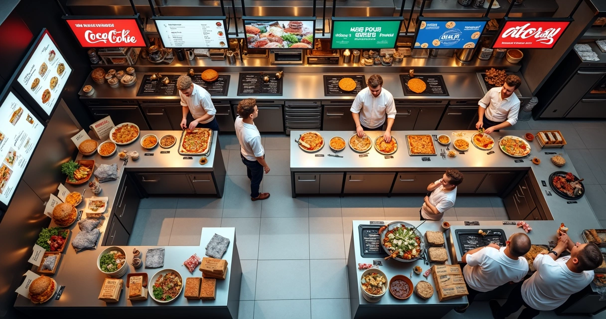 Cozinha com vários colaboradores preparando diferentes pratos de delivery