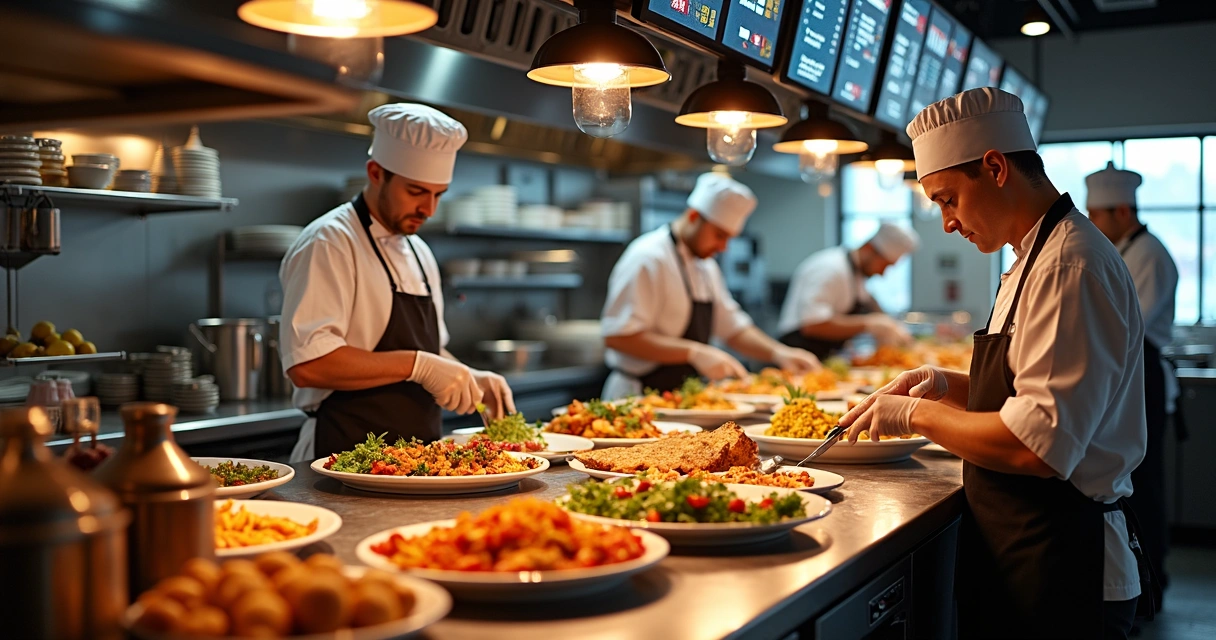 Equipe de cozinha preparando pratos de diferentes estilos gastronômicos lado a lado, indicando operação de múltiplas marcas em um único ambiente.