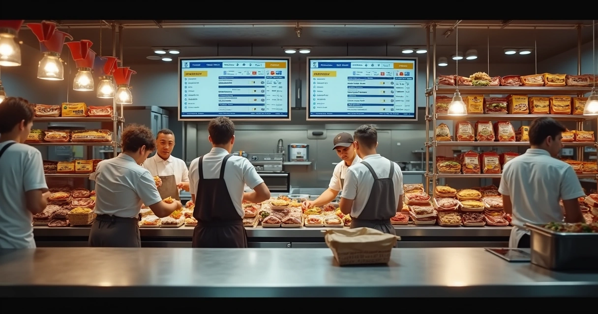 Cozinha profissional com telas de delivery e embalagens padronizadas 