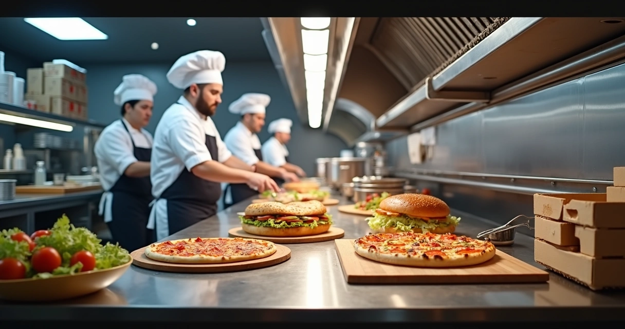 Equipe trabalhando em cozinha multimarcas