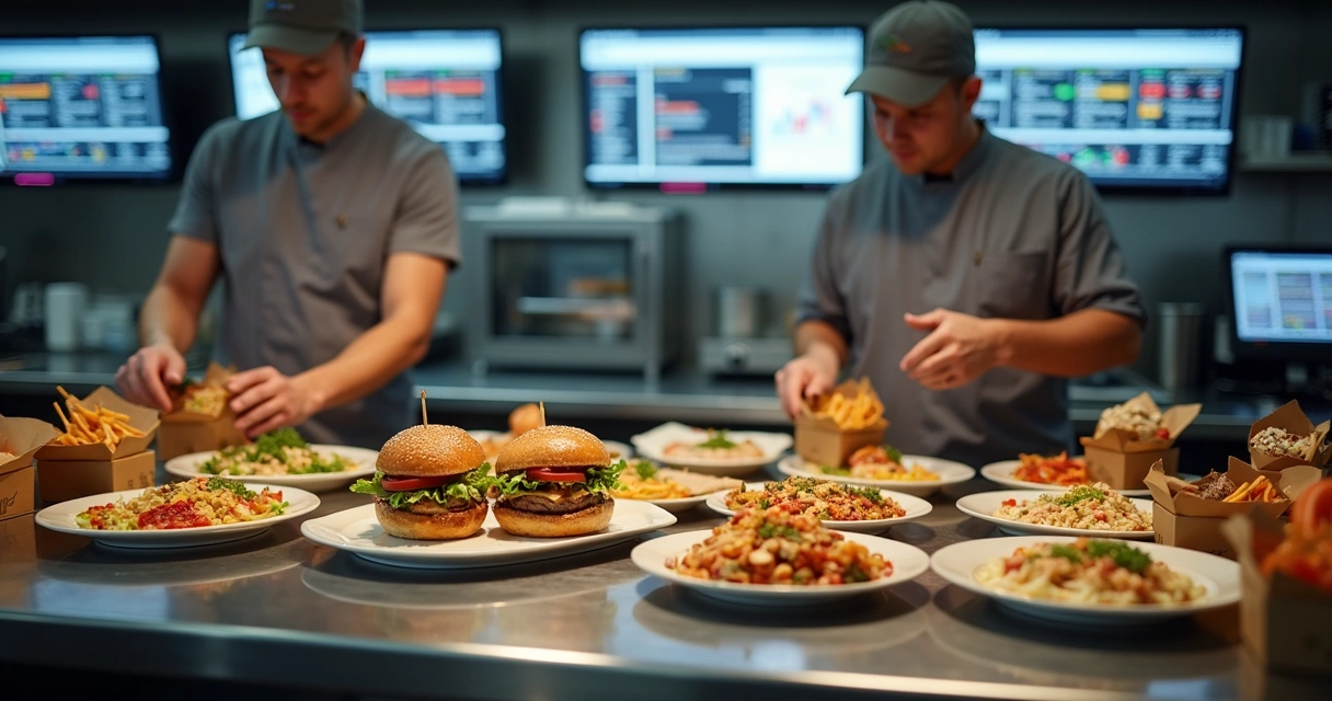 Cozinha profissional operando várias marcas de delivery em telas e embalagens diferentes 