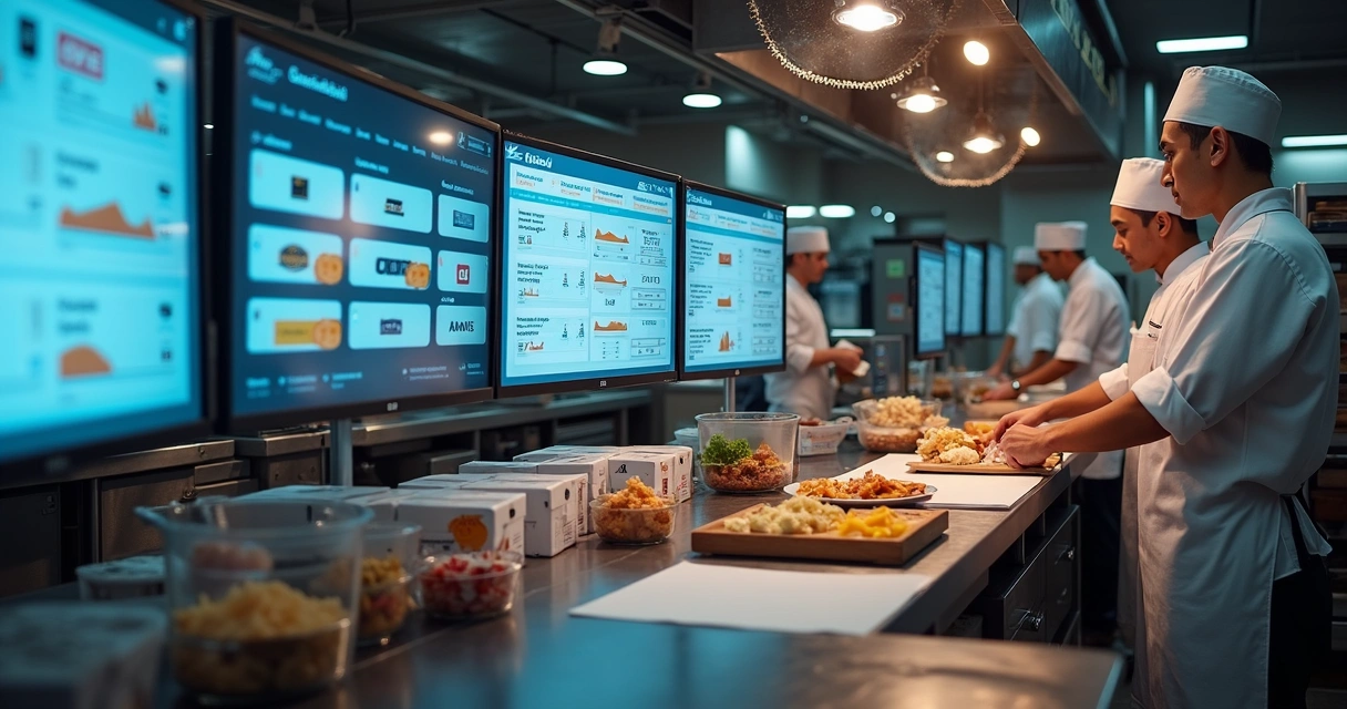 Cozinha profissional com telas mostrando pedidos de delivery 