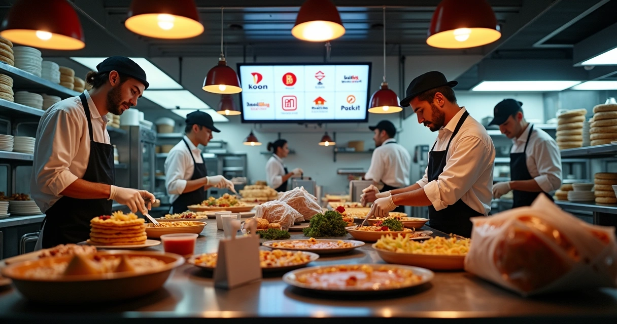 Equipe trabalhando em cozinha de delivery multimarcas 